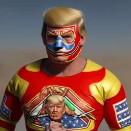 Realistic image of Donald trump wrestler, Mexican wrestling style, Mexican wrestling mask for eyes, red and blue breeches, glow us flag dress, suspenders, retro style, 80s, vibrant color, highly detailed, sky background, concept art, unreal engine 5, god rays, ray tracing, RTX, lumen lighting, ultra detail, volumetric lighting, 3d, finely drawn, high definition, high resolution.