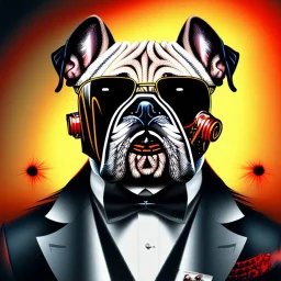  spray paint art,portrait bulldog dog mafia boss with machine gun and suit, run for cover