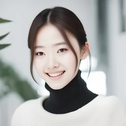 close-up, bright portrait photo, beautiful artificial Korean girl, smiling, tight turtleneck, symmetrical, minimalism, white background