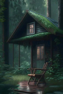 A cottage in the middle of a woods, with a rocking chair on its porch. Surrounded by lush greenery, and light rain falling. Comforting, soothing, hyper real, 4k