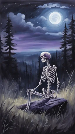 A sketchy oil painting from behind a skeleton sitting in the grass on the top of a hill, lookin into the night sky. A Forrest in the background. Painting. Purple colours. Blue colours. Night. Melancholic mood. Colorful.Pastel colours. Masterpiece.