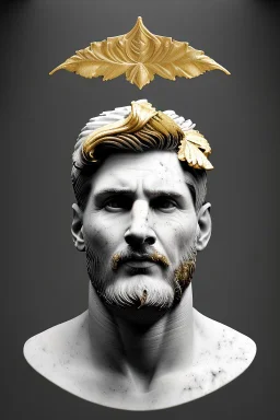 Ultra Realistic image, Roman sculpture, white marble material, Lionel Messi, gold Laurel leaves wreath, gold ornaments, chisel style, waist up portrait, epic, celestial, cinematic lighting, God light, god rays, 4k resolution, smooth details, ornate details, soft lighting, unreal engine 5, marble background.