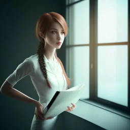 female student studying by the window, anime style,perfect face, cool face, ultra detail, unreal engine 5, cinema4d, sun light, studio lighting --ar 1:1 --v 4