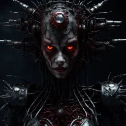 Demonic mechanical creepy aggressive necrophage zombie undead girl with scary red eyes, in a spiky mechanical suit with tubes, dark fantasy horror, Filigree, Aesthetically pleasing, Realistic, Professional photo, 4k, hight resolution, higly detailed, 30mm lens, 1/250s, f/2.8, ISO 100