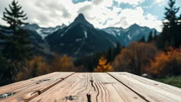 low angle of a wooden table in the foreground and a mountain view in the background