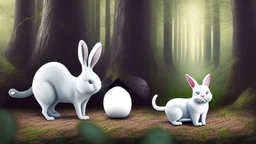 A black cat staring a white rabbit in the forest.