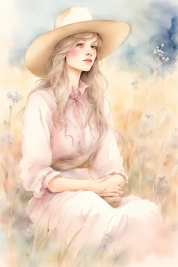 P: a young old-time cowgirl sitting in wildflowers and tall grasses, peaceful vision, wisps of hair around her face, straw hat, pink floral dress, muted colors, soft watercolor