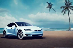 A Tesla 'Model S' is drifting at top speed, at the beach of Waikiki in Hawaii. CINEMATIC. WIDE ANGLE LENS. PHOTO REAL.