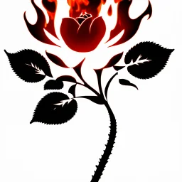 a fire with dark embers and the flames spiral outward like petals to make the shape of a rose flower(red) , black and red on white background