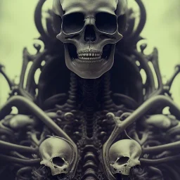 a skeleton warrior in hr giger style, steam punk, realistic, made in octane, cinematic, ultra-realistic, extremely detailed octane rendering, 8K, VRAY Super Real ar 2:3, dof photorealistic futuristic 50mm lens hard lighting dark gray tintype photograph, realistic lighting, sepia color