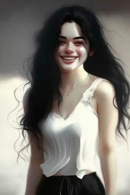 setting smiling girl with white skin black wavy hair wearing top and pants