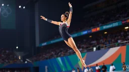 Please provide a detailed Photo of a female gymnast performing her routine on the floor exercise at the Olympic Games. Include specific elements of her performance, such as her choreography, the difficulty of her moves, her artistry, and how she engages the audience. Additionally, describe the atmosphere of the event, the reactions of the crowd, and any notable aspects of her presentation. The output should be structured in a way that captures the excitement and technical skill of the performanc