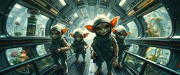 airbrush and pen outline, french art , extreme close up on cheeky fluffy weasel hairy goblin military prison guard troupe news anchor elf family scumbag on the open bridge between two space stations overfilled with weird growing wines and plants that are reflective and translucent, in the style of Escher and Giger and Fallout 4, pinhole cam, airbrush 3d rendering