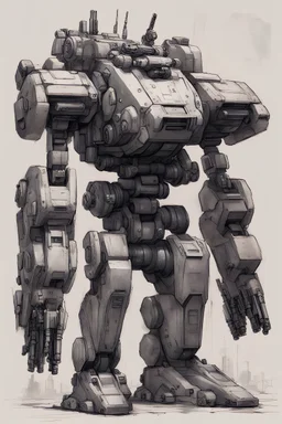 sketch, scifi, scout recon mech with tank turrets and cannon, massive guns on both hands, on shoulders there are rockets, urban warfare, detailed,