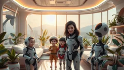 Futuristic family living in a luxurious future home in a hot environment caused by continued global warming and climate change, mitigating technology, sustainable technology, solar power, water turbine, wind turbine, happy children, beautiful futuristic clothing, happy robots, lots of house plants, perfect detail, perfect faces, perfect bodies, high quality render, colour photograph