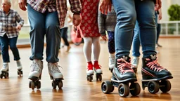 Elderly pensioners on roller skates. Full body as well as feet and skates are in the picture. Everyone is happy. Photographic quality and detail, award-winning image, beautiful composition. 28mm lens.