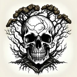 tattoo design of an evil skull with a dead tree through it and root out the bottom