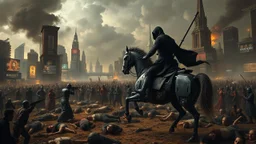 A chaotic cyberpunk interpretation of Bruegel's "The Triumph of Death", capturing the symbolic "harvest" of humanity. this is terror. A dystopian metropolis under smog sky, where cybernetic grim reapers are executing physical harvest. Many of humans citizens killed an army of cyberwarrior androids and robots, panicking people, many bodies lying on the ground. In the foreground, a cyber-death warrior in black hood with futuristic gun, on a mechanical horse, thriller