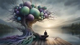 back to the camera on unique bench a figure sittings in a beautiful landscape and overlooking the water of the nearby lake, calm, harmonious atmosphere, muted dark colors, purple, white, gray, green, blue, brown, silver, and pale colors, ,not too colorful colors, Whimsical style and giant stunning neuron network all over the sky, half shadow and half light picture, surreal stunning vibe