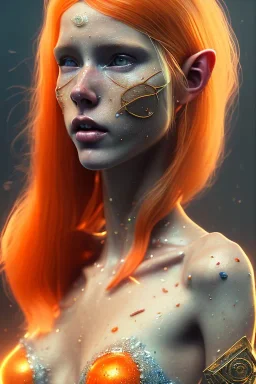 painting of a tall elven young woman with short light orange hair and freckles on the cheak bones and tall body of a topmodel light clothes, full shot, ultra realistic, concept art, intricate details, eerie, highly detailed, photorealistic, octane render, 8 k, unreal engine. art by artgerm and greg rutkowski and charlie bowater and magali villeneuve and alphonse mucha