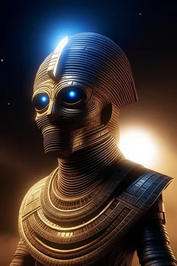 portrait of mummy robot, stars shining, Egyptians with the hair standing straight up in front of pyramid of Babel. 4 k, down light, depth of field, trending art, spray paint, high detail, fantasy art, alien connection, future tech