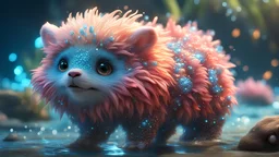 close midshot, high detail, 8K, photorealistic, bedazzling, cute fluffy wild creature, rule of depth of field intricate details, concept art, vivid colors, futuristic design, attention to detail, grandeur and awe, stunning visual masterpiece, fantastical realm, hard light, water