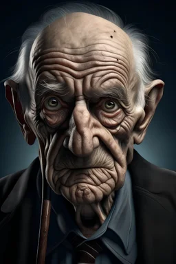 wrinkled old man with bloodshot eyes and a cane