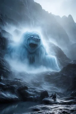 Giant scary ice and stone humanoid monster, dramatic scenery, cold light