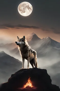 digital art of a wolf on a mountain in front of a photo realistic burning moon