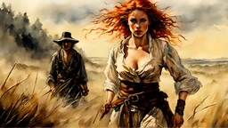 Hyper-photorealistic watercolor art style by Luis Royo, ginger-haired woman with natural skin tones, hyperdetailed face, full body diagonal shot, encounters male bandits in dark fantasy countryside setting, absence of mysterious elements, dramatic lighting, ultrafine detail, octane rendering., by Leonid Afremov & William Kentridge & Anna Razumovskaya