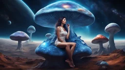 beautiful women sitting with no braa on a big blue mushroom in space, planets at the back ground, hyper realistic.