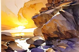 Sunset, rocks, mountains, rocky land, epic, john singer sargent watercolor paintings