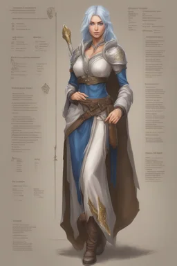 Dnd character sheet, full body. A female Aaismar twilight cleric with white hair and blue eyes, wearing gray robes. Etreal, beautiful, sexy