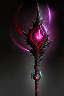 A sorceress evil staff that is a mix colors of red and black crystals and sharp edges, with black aura swirling around it
