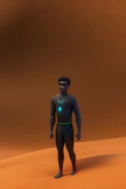 3D render of a cyberpunk tribal teen black man, black hair, on a bright orange dune background, digital art