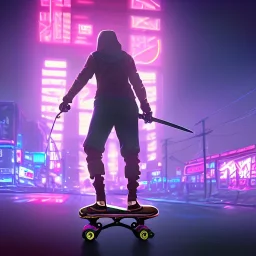 photo of a ninja riding a skateboard; in an alternate universe in tokyo; cyberpunk; realistic; rain; neon signs