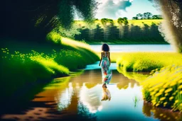 shot from front ,green field and wild flower field ,beautiful girl in pretty dress curly hair walking in water toward camera in trees next to wavy river with clear water and nice sands in floor.camera capture from her full body front, spring blosom walking to camera ,wild flowers moving in the wind ,blue sky,moving pretty clouds ,joy full facet.