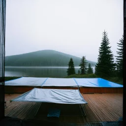 A polaroid photo of an odd room with structures. A transparent tarpaulin covers an image. There is a group of fir trees in the background and a high hill in the distance. A lake. The surface below is in a pastel color. Fog is present.
