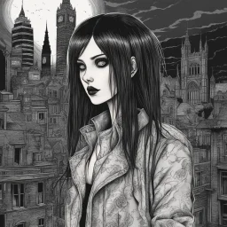 create a disturbing full body portrait horror illustration of a dark haired, savage, gothpunk vampire girl with highly detailed , sharply defined hair and facial features, in a dark, otherworldly London in the manga style of Junji Ito, precisely drawn, inked, with dramatic edges,