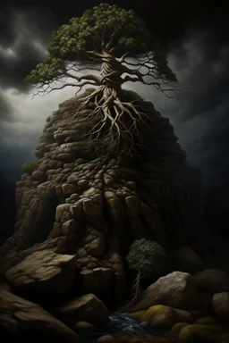 Acrylic painting of a twisted tree growing from a round rock, roots twisted around the rock and hanging below, cantered image, lots of negative space around, dark background, muted colours, minimalistic