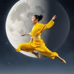 A woman martial artist monk in a yellow suit is jumping in the air next to planet with a large moon