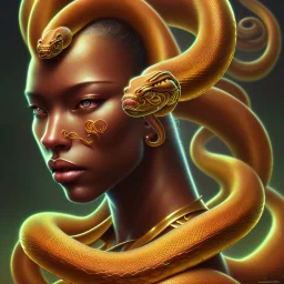 sango fantasy, fantasy magic, intricate, sharp focus, illustration, highly detailed, digital painting, concept art, matte, art germ and Boris Vallejo and kehinde wiley, masterpiece snake head long leg African afro hair sexy body golden pretty lips