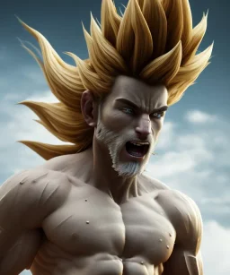 Goku, avatar, white and gold hair, fighting pose, muscular body, shirtless, volumetric details, hyper realism, unreal engine 5