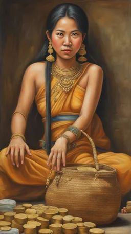 (((Nang Kwak))) is a Thai woman, beautiful face, wearing a loincloth. wear jewelry Hair styled in the traditional Dok Krathum style, sitting with a squat fold, left hand resting on the lap. There is a bag of money on the hand. Right hand raised in a calling gesture. Oil painting, realistic, wide angle