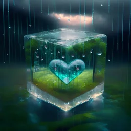 transparent cube with an electric heart in paradise nature in the rain