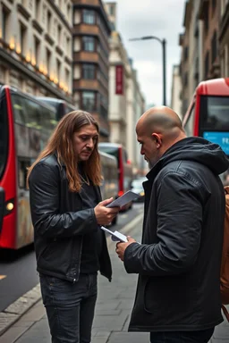 A stalker wants an autograph from a long-haired rock musician on a street in central London. The stalker is an overweight soon bald 25-year-old and looks a bit slimy, the atmosphere is oppressive and unpleasant, lot of traffic and london busses, hectic hour, a nice hotel