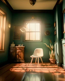 Room scene with sit woman, Wes Anderson style, realistic photo, concept art, smooth, unreal engine 5, god lights, ray tracing, RTX, lumen lighting, ultra detail, volumetric lighting, 3d.