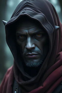 Portrait of a dark elf dark skin male hooded