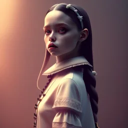 Full body, 3d render,Jenna Ortega, Wednesday addams 1800's women style, 1800's hair style, 1800's women clothes style, hyper realistic, octane render, unreal engine 5, 8k, palace background, uhd