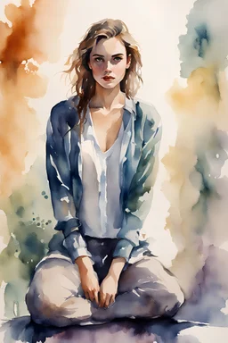 watercolor painting of a beautiful of a 25 year old woman, full body down to knees, realistic skin texture, looking into the camera, atmospheric light, realistic colors